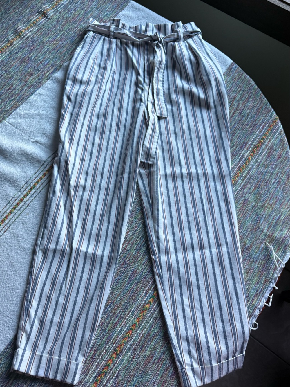 Forever 21 Blue & White Striped Paperbag Waist Trousers